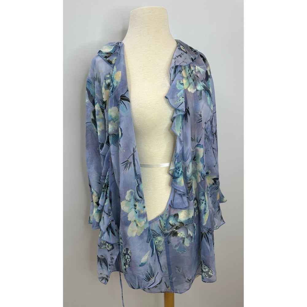 Midnight Velvet 100% Silk Ruffle Wrap Blouse Blue Floral Sheer Top Plus Size 18W - Picture 11 of 13